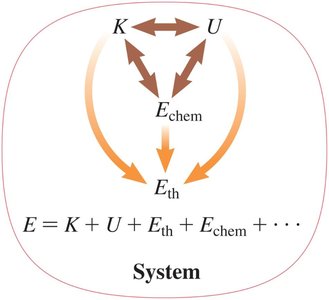 Diagram showing energy transformations among kinetic, potential, chemical, and thermal energy within a system.