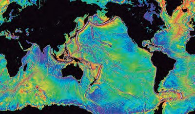 Gravity map of Earth's oceans showing variations in acceleration due to gravity