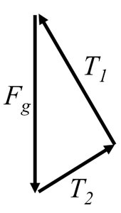 Force triangle diagram for suspended object showing T1, T2, and Fg