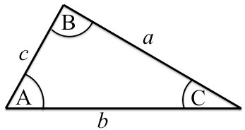 Triangle diagram showing sides a, b, c and angles A, B, C for sine rule