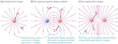 Field lines for single, dipole, and two positive charges