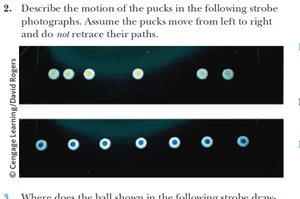 Strobe photographs of pucks moving left to right