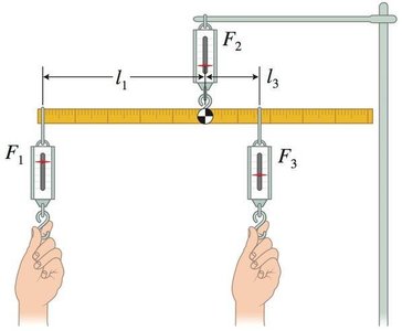 Meter stick held in equilibrium by three scales