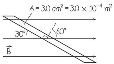 Diagram showing area, angle, and magnetic field for flux calculation