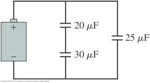 Circuit with 20 μF and 30 μF capacitors in parallel, both in series with a 25 μF capacitor