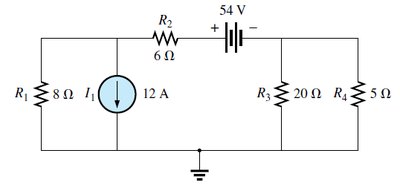 Nodal analysis circuit with three resistors and a current source