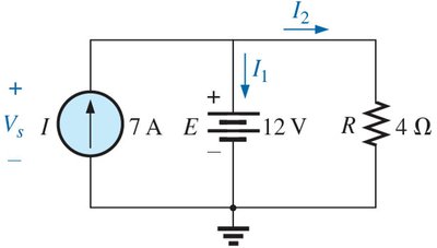 Example circuit with current source, voltage source, and resistor