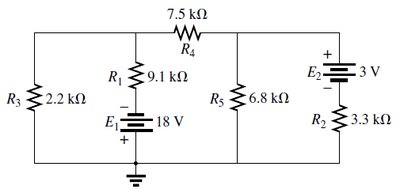 Complex mesh analysis circuit with multiple resistors and voltage sources