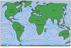 World map showing ocean currents and their effect on climate