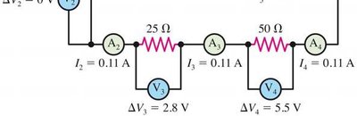 Series circuit with resistors and voltmeters