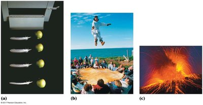 Demonstration of free fall with apples and feathers, a person jumping, and a volcanic eruption