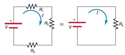 Three resistors in series and their equivalent resistance