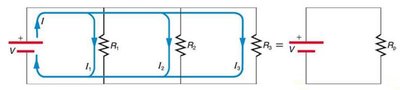 Three resistors in parallel and their equivalent resistance