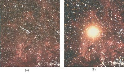Before and after images of a supernova, illustrating looking back in time