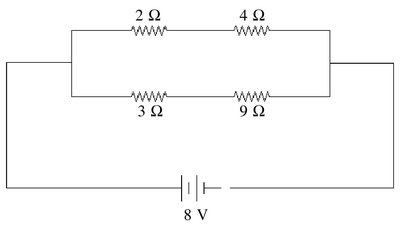 Circuit diagram with four resistors and an 8V battery