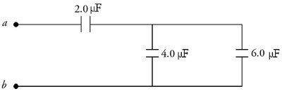 Circuit diagram with three capacitors between points a and b