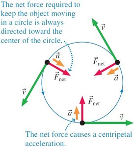 Diagram showing net force and acceleration toward center in circular motion