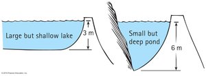 Comparison of pressure in a shallow lake and a deep pond