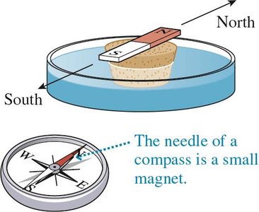 Bar magnet floating on cork and compass needle