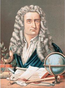 Portrait of Isaac Newton with scientific instruments
