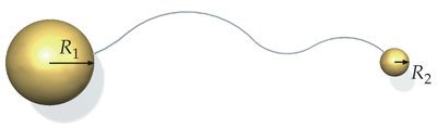 Two conducting spheres connected by a wire; different radii
