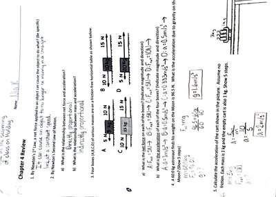Diagram of four boxes with forces and masses