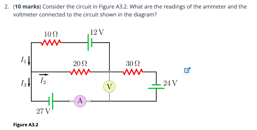 Labeled circuit diagram with batteries, resistors, ammeter, and voltmeter