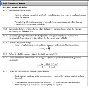 Summary table of photoelectric effect equations and concepts