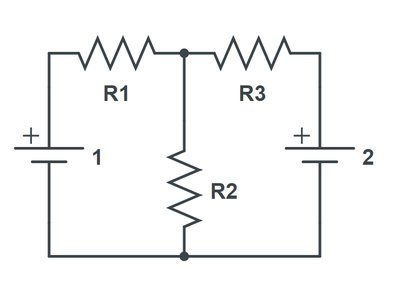 Circuit with two batteries and three resistors
