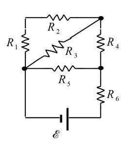 Complex circuit with six resistors and one battery