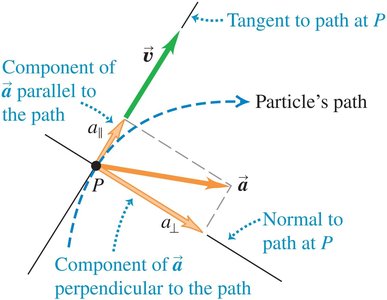 Acceleration vector components along and perpendicular to path