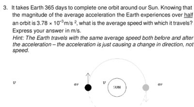 Earth orbiting the Sun with velocity and acceleration vectors