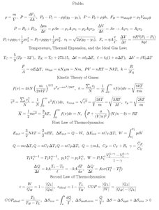 Equation sheet for fluids, thermodynamics, and kinetic theory