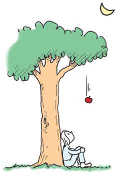 Newton under apple tree, apple falling, Moon in sky