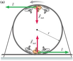 Roller coaster at top and bottom of loop with force vectors