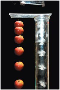 Stroboscopic photo of apples in freefall, showing equal spacing for equal time intervals