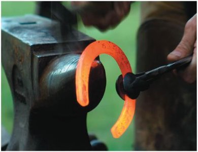 A blacksmith heating a horseshoe, illustrating thermal energy