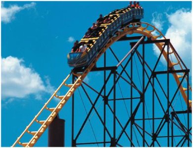 A roller coaster at the top of a track, illustrating gravitational potential energy