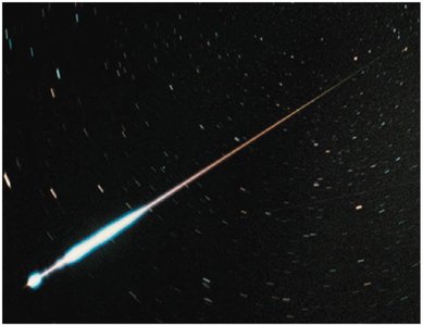 A meteor heating up as it enters the atmosphere, illustrating kinetic to thermal energy transformation