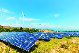 Solar panels and wind turbines generating electric potential