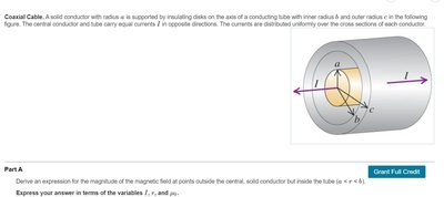 Coaxial cable cross-section with labeled radii and currents