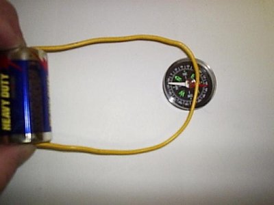 Battery, wire, and compass showing magnetic field effect