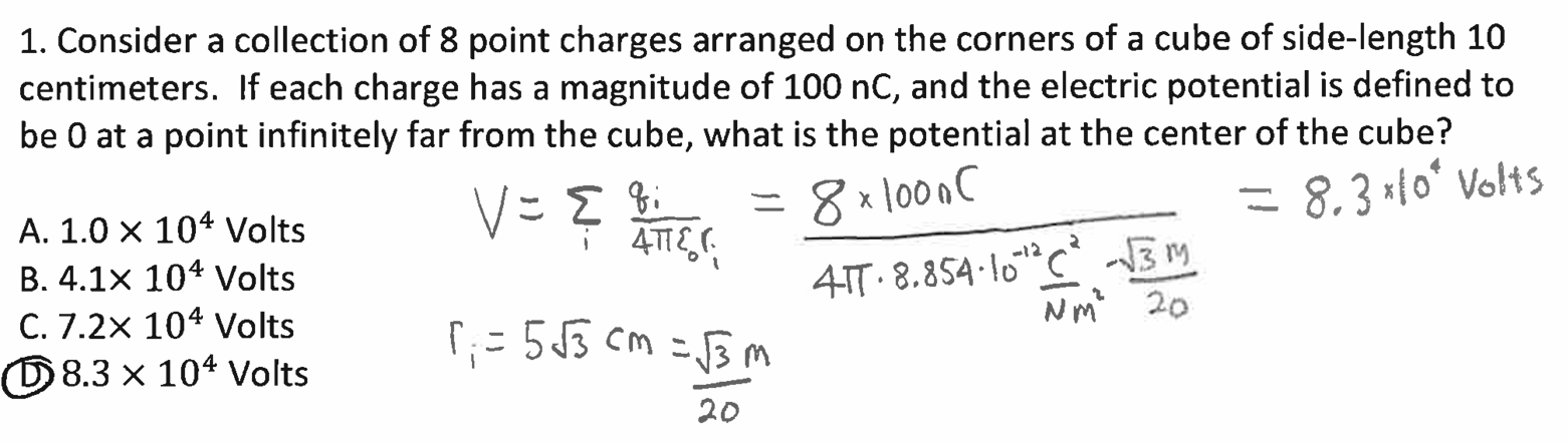 Handwritten calculation for electric potential at the center of a cube