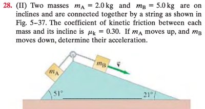 Two masses on inclined planes connected by a string