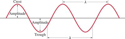 Sinusoidal wave showing amplitude, crest, trough, and wavelength