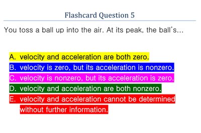 Flashcard question about velocity and acceleration at the peak