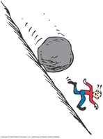 A boulder rolling down a hill towards a person