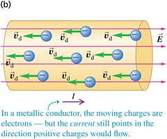 Current flow in metallic conductors: electron movement
