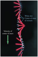 Motion of the center of mass: wrench with white dot showing center of mass trajectory.