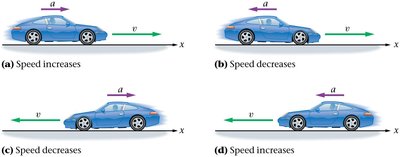 Car diagrams showing velocity and acceleration directions
